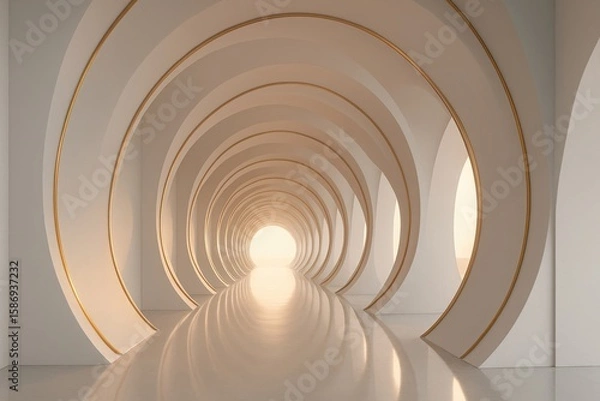 Fototapeta Endless modern architectural tunnel with circular arches and golden trim leading to bright light