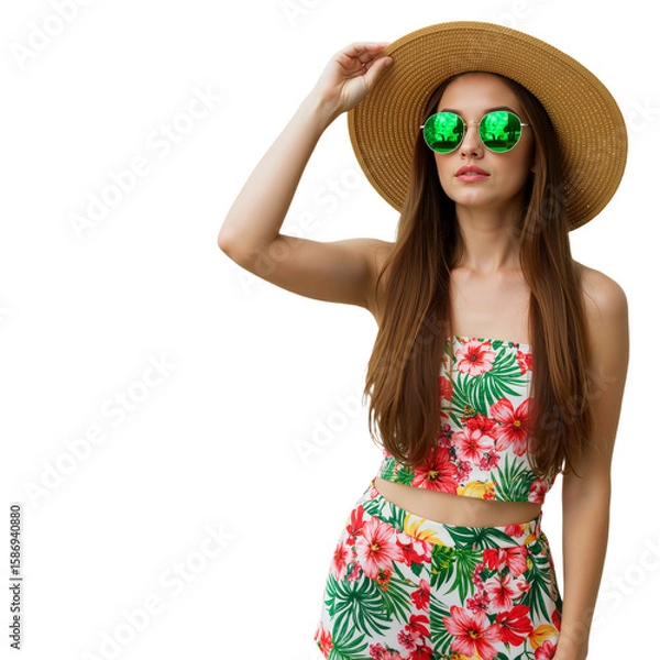 Fototapeta Stylish Woman Modeling Summer Look with Hat and Shades – Isolated on  Transparent Background PNG.
