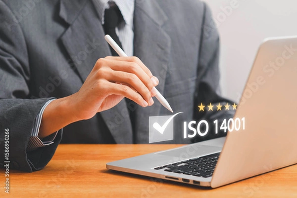 Fototapeta ISO 14001 concept. ISO standards quality control 14001 certified for environmental management systems (EMS). Identify, control and reduce the environmental impact of activities. Modern ISO banner.