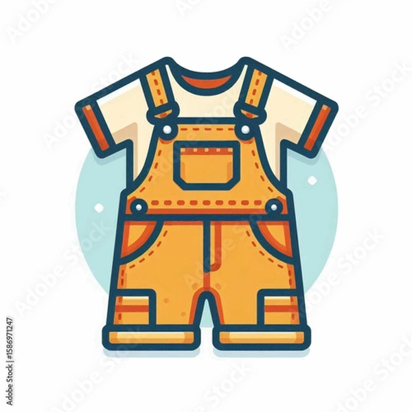 Fototapeta A cartoon of a childs outfit features tan overalls over a cream tshirt set against a light blue circle