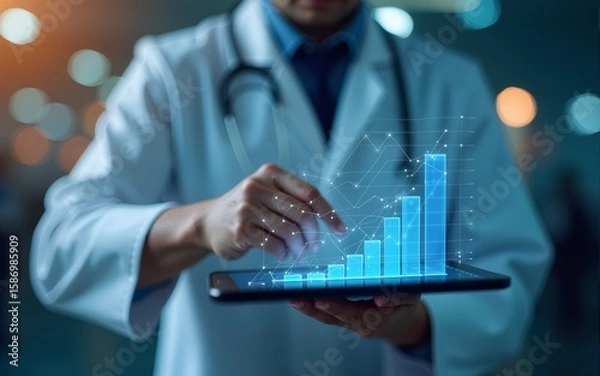 Fototapeta health care business graph data and growth, Medical examination and doctor analyzing medical report network connection on tablet screen. High quality