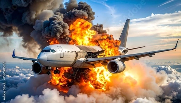 Obraz Fiery plane crash in clouds
