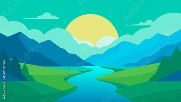 Fototapeta An Enchanting River Valley a Magical Background Scene Illustration