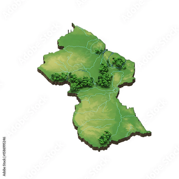 Obraz Guyana map with rivers, forest and elevation