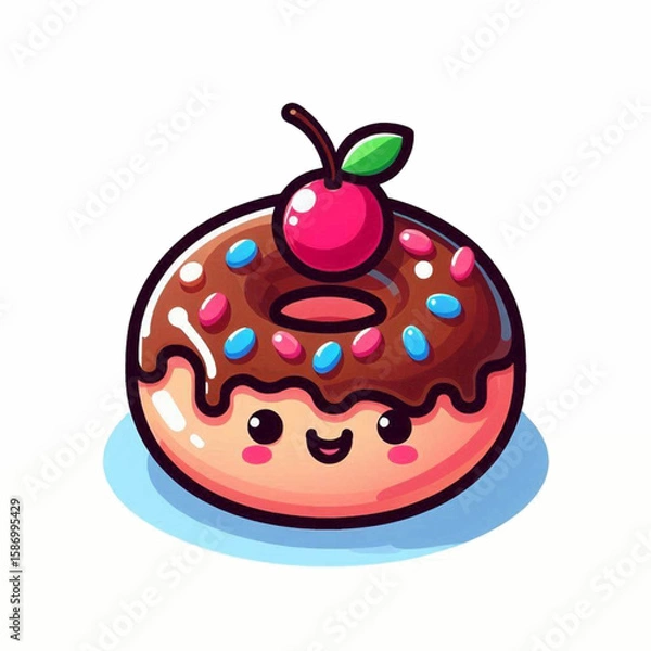 Fototapeta Animated donut with a cherry on top chocolate icing and candy sprinkles