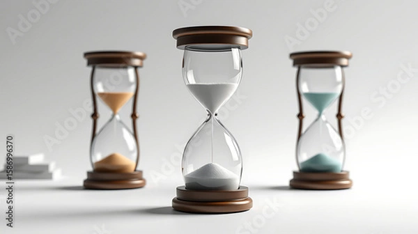 Fototapeta Three elegant hourglasses with different colored sands embody the concept of time management and fleeting moments.