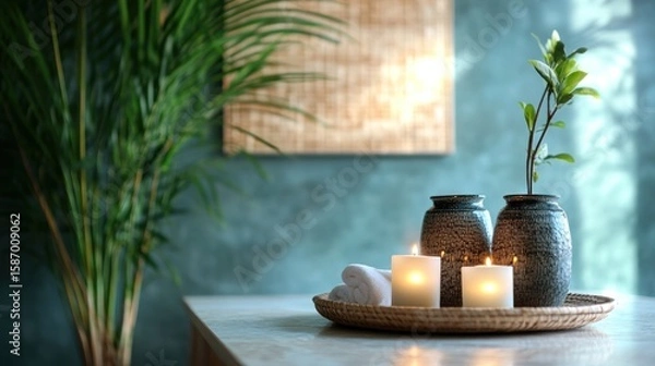 Fototapeta serene spa arrangement capturing tranquil moments with candles, rolled towels, and decorative vases, reflecting a calming atmosphere perfect for wellness and relaxation settings