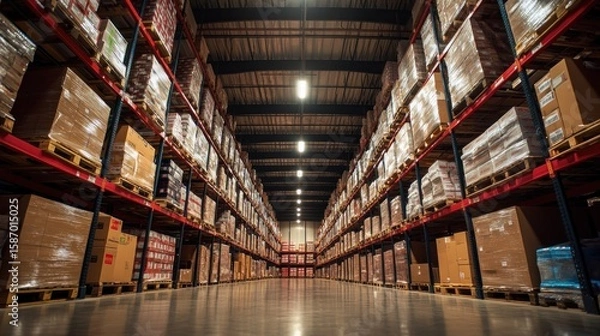 Fototapeta a meticulously arranged warehouse interior featuring towering rows of pallet racks filled with wrapped and boxed goods awaiting distribution for efficient supply chain management