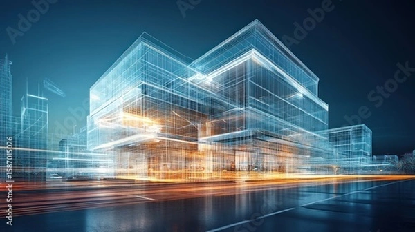 Fototapeta futuristic architectural blueprint rendering of an urban metropolis showcasing the intricate digital schematics of modern building designs against a deep blue gradient backdrop