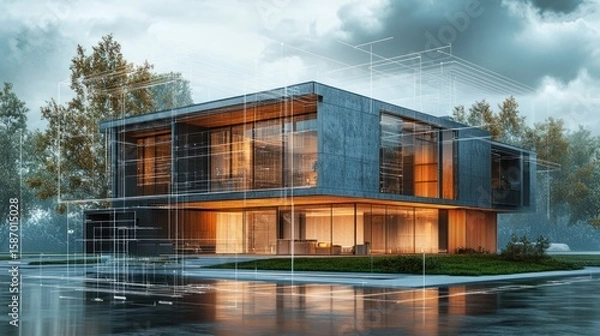 Fototapeta sleek modern residence showcasing architectural blueprints and glass facade against backdrop of verdant trees and grey skies reflecting contemporary design principles and luxurious living