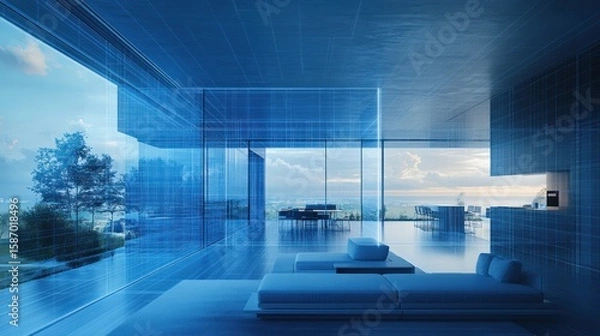 Fototapeta sleek ultramodern architectural visualization showcasing a luxurious interior with expansive glass walls revealing a breathtaking distant seascape with an ethereal blue grid overlay