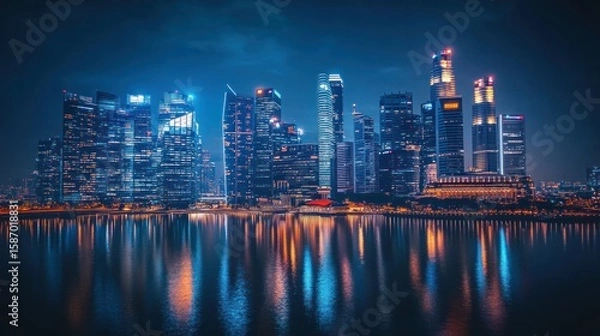 Fototapeta a mesmerizing nightscape showcasing singapore's gleaming skyline mirroring brilliantly in the calm waters reflecting a futuristic architectural panorama offering a breathtaking urban tableau