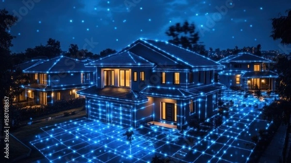 Fototapeta envisioning the future of residential connectivity enhanced by futuristic technology showcasing a glowing network draped over suburban homes representing smart homes and interconnected living spaces