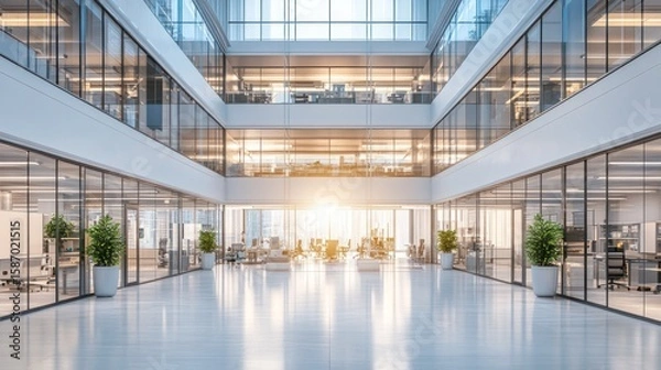 Fototapeta illuminated atrium showcases an innovative workspace promoting collaboration with its expansive layout, light-filled architecture and minimalist design elements