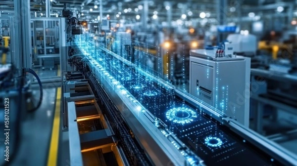 Fototapeta illuminating the future of manufacturing: a visualization of data flowing through a modern automated assembly line with integrated technology and digital enhancement