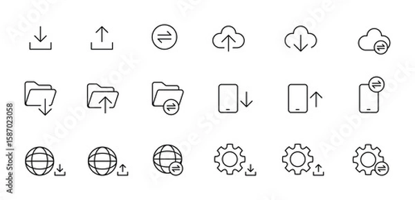 Obraz Minimalist Upload and Download Icon Set in Outline Style. Cloud, Folder, Mobile, Web, and Settings Data Transfer Symbols for UI, UX, Apps, Websites, and Digital Interfaces, Editable Outline