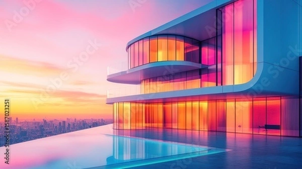 Fototapeta modern architectural marvel reflecting the vibrant hues of sunset overlooking a sprawling cityscape from an elevated vantage point emphasizing luxury and design