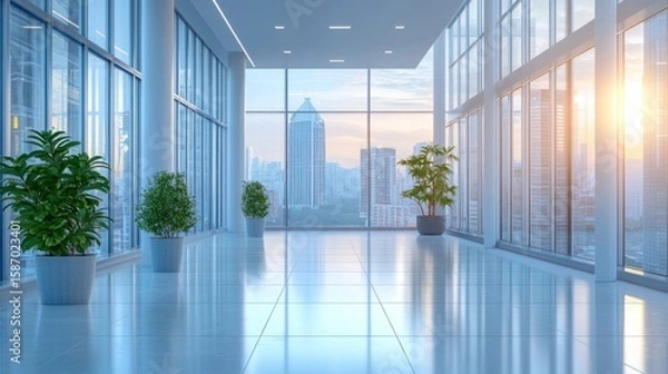 Fototapeta illuminating cityscape panorama reflected in an interior space with tall windows and flourishing plant life creating a calming and inspiring atmosphere of progress and aspiration