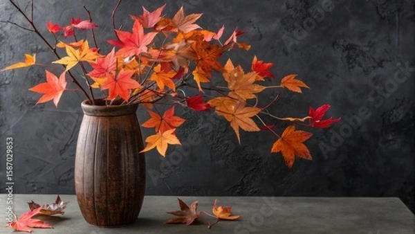 Fototapeta Autumn leaves in a vase create a moody still life with a dark background, capturing the essence of the season