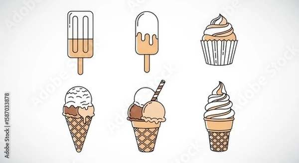 Obraz Delight in the sweetness of summer with this collection of ice cream treats, featuring popsicles, cones, and a cupcake, all rendered in a charming cartoon style.