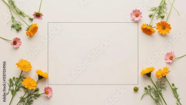 Fototapeta Floral Frame with Copy Space: Yellow and Pink Flowers on Cream Background