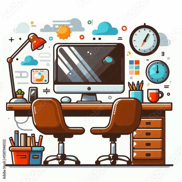 Fototapeta Office workspace a desk two chairs computer desk lamp clocks and various accessories in a cartoon style