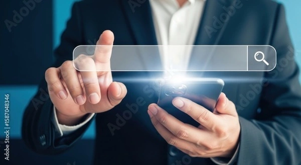 Fototapeta A person in a suit uses a smartphone with a search bar interface, highlighting digital interaction and modern technology for online browsing and information retrieval.