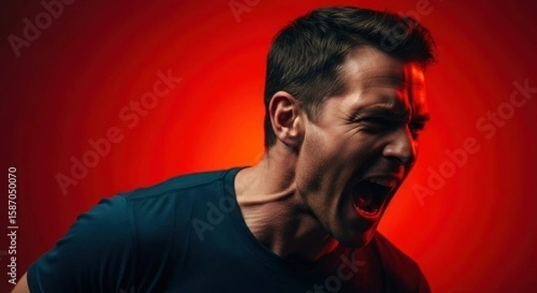 Fototapeta A man expresses intense emotion with a shout against a vibrant red backdrop, showcasing raw feelings and dramatic lighting, ideal for conveying stress or passion.