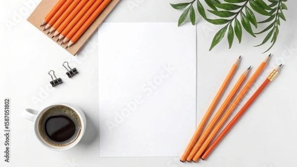 Fototapeta Overhead shot of a blank paper on a white desk with pencils, coffee, and a plant, isolated on white background