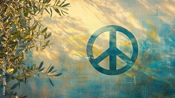Obraz Design a striking image of the universal peace symbol, blending it with elements of nature like olive branches and soft rays of sunlight, set against a tranquil sky, global harmony and unity 