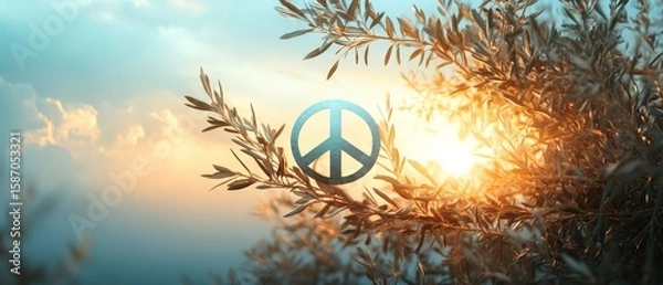 Fototapeta Design a striking image of the universal peace symbol, blending it with elements of nature like olive branches and soft rays of sunlight, set against a tranquil sky, global harmony and unity 