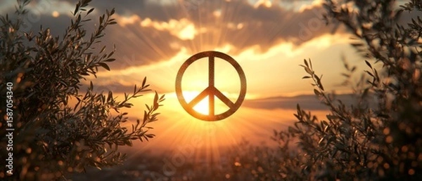 Obraz Design a striking image of the universal peace symbol, blending it with elements of nature like olive branches and soft rays of sunlight, set against a tranquil sky, global harmony and unity 