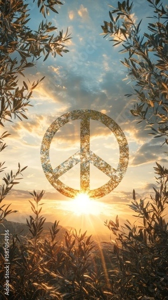 Fototapeta Design a striking image of the universal peace symbol, blending it with elements of nature like olive branches and soft rays of sunlight, set against a tranquil sky, global harmony and unity 