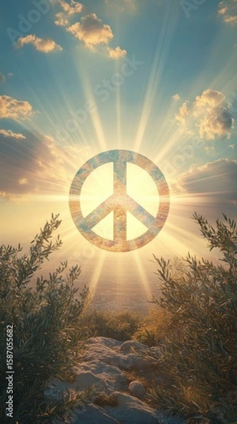 Obraz Design a striking image of the universal peace symbol, blending it with elements of nature like olive branches and soft rays of sunlight, set against a tranquil sky, global harmony and unity 