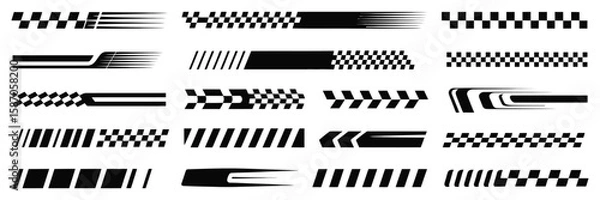 Fototapeta Racing cars and race car stripes set, angled checkered patterns, checkered flag, finish line, motocross labels, dynamic lines, sport decals, and vehicle tuning stickers