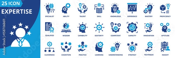 Fototapeta expertise icon set collection in solid glyph style. an icon pack contain skill,knowledge,mastery,ability,experience,talent,proficiency