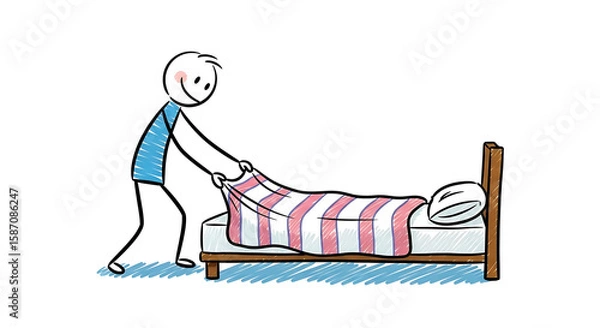 Fototapeta Stick Figure Making Bed Illustration of a simple character straightening sheets on a mattress with a pillow.
