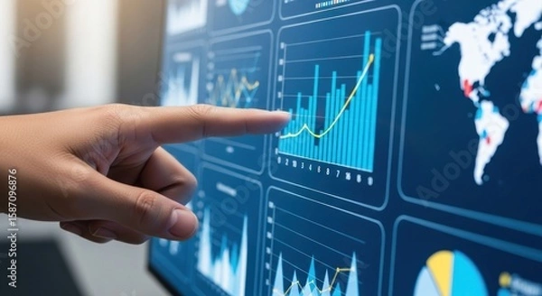 Fototapeta Photo of a finger pointing at a screen displaying data analysis graphs and charts, representing business analytics and financial information
