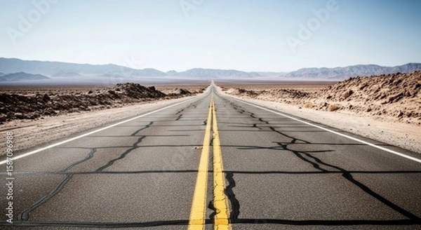 Fototapeta A long, empty asphalt road stretches through a vast desert landscape under a wide-open sky, inviting a journey through the California mountains and valleys