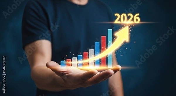 Fototapeta Photo of a hand holding a glowing growth chart with the year 2026, representing future business success, financial growth, and positive market trends