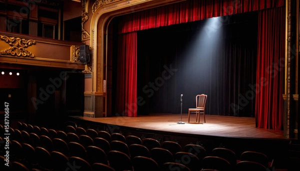Fototapeta Empty Theater Stage with Chair and Spotlight