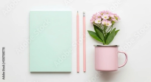 Fototapeta Pink tulips in a vase beside a notebook, capturing the beauty of a spring floral arrangement