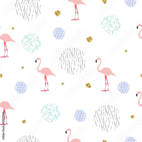 Fototapeta Summer seamless pattern with pink flamingos. Memphis style with geometric elements and plants. Vector illustration