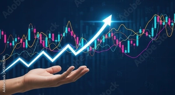 Fototapeta Photo of a hand presents a rising stock market graph with an upwardpointing arrow, symbolizing financial growth and successful investment strategies in a dynamic economic environment
