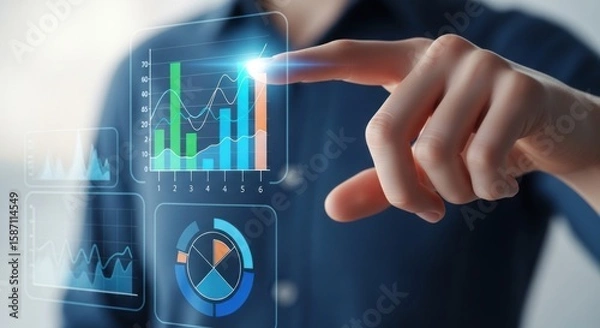 Fototapeta Photo of a hand touches a digital screen displaying data analytics, charts, and graphs, representing the future of business technology and virtual interfaces