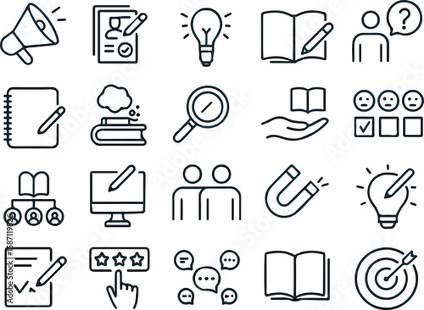 Fototapeta Brand storytelling and inbound marketing concept editable stroke outline icons set isolated on white background flat vector illustration