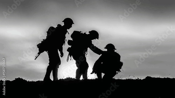 Fototapeta Silhouette of Two Soldiers Helping a Wounded Comrade – Military Support Scene 