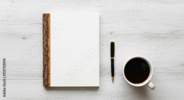 Fototapeta A cozy morning scene with a cup of coffee on a wooden desk, next to a blank notebook, ready for work or notes