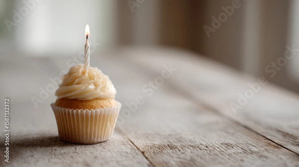 Fototapeta A single, elegant birthday candle burns brightly atop a frosted cupcake with white frosting on a rustic wooden surface.
