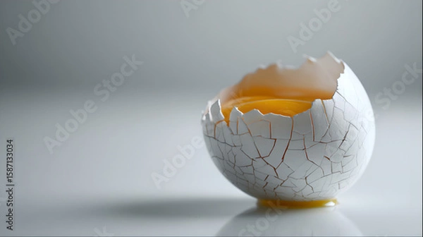 Fototapeta A close-up of a cracked white eggshell with a vibrant yellow yolk exposed, resting on a bright, smooth surface.
